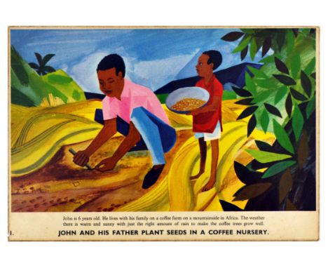 Set of six original vintage advertising posters from the series about coffee production in Africa.  1. John and his father pl