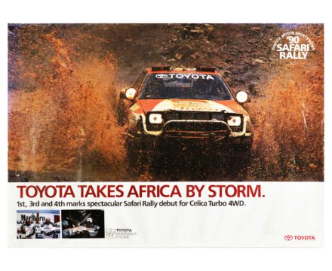Original vintage motorsport poster celebrating Toyota victory - Toyota takes Africa by storm. 1st, 3rd and 4th marks spectacu