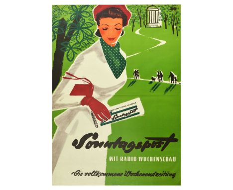 Original vintage advertising poster for the Sonntagsport / Sunday Sport supplement to Radio-Wochenschau. The poster features 