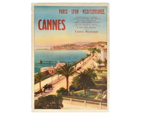 Original vintage travel poster promoting the Casino municipal in Cannes, France, issued by Chemins de Fer de Paris a Lyon et 