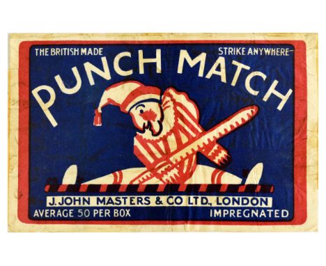 Original vintage advertising poster label for Punch Match - the British made Punch Match. Strike anywhere. J. John Masters &a