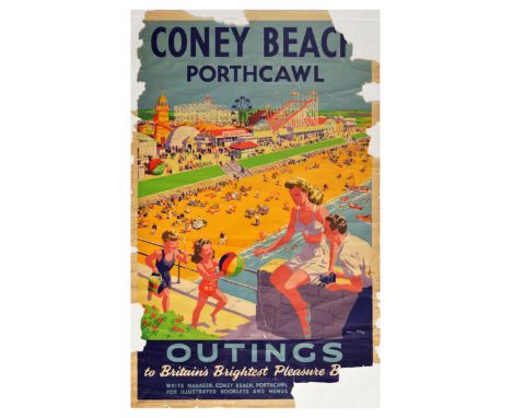 Original vintage travel poster promoting outings to Britain’s Brightest pleasure Beach Coney Beach, Porthcawl in Wales. The i