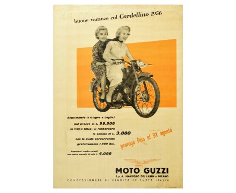Original vintage advertising poster for the 1956 Moto Guzzi Cardellino motorcycle. The poster offers a promotional deal runni