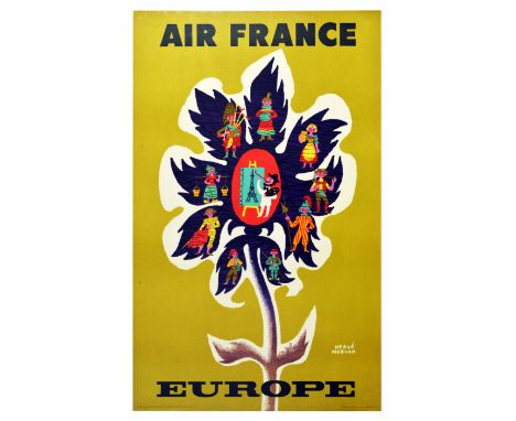 Original vintage travel poster promoting Europe, issued by Air France, featuring colourful artwork by Herve Morvan (1917-1980