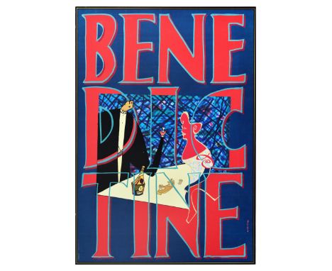 Original vintage advertising poster for Benedictine liquor featuring an illustration by Spanish artist and designer Javier Ma