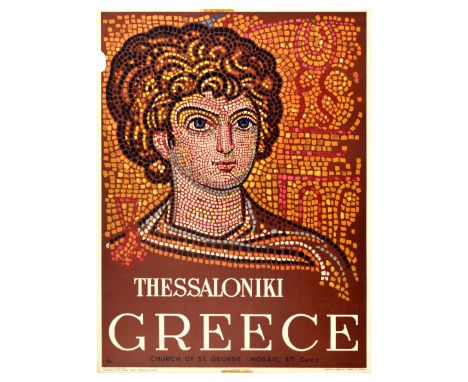 Original vintage travel poster inviting to visit Thessaloniki in Greece featuring a stunning 5th century mosaic possibly depi