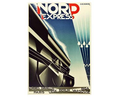 Original vintage travel poster for Nord Express. Dynamic Art Deco design by the notable poster artist A.M. Cassandre (1901-19