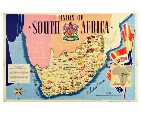 Original vintage travel poster for Union of South Africa featuring an illustration of a map of the African continent - Mandat