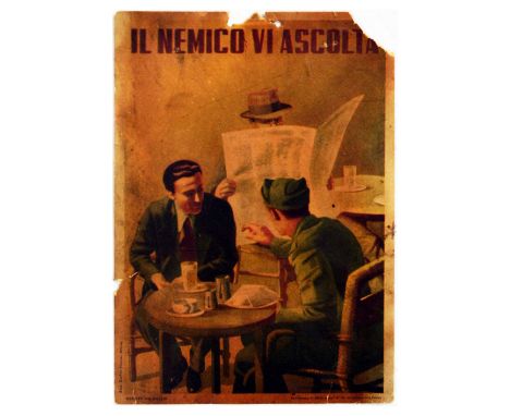 Original vintage World War Two propaganda poster issued in the Fascist Italy titled Il nemico vi ascolta / The enemy is liste