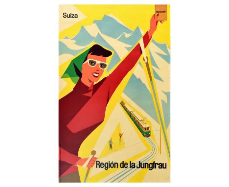 Original vintage ski poster promoting a famous Jungfrau ski area in Switzerland. Bright mid-century style image of a fashiona