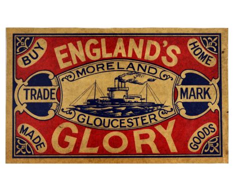 Original vintage advertising poster label for England's Glory matches, Moreland Gloucester, featuring ornate design on the co