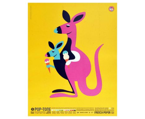 Original vintage advertising poster for Pop-Tone by French Paper, featuring a colourful pop art illustration of a pink kangar