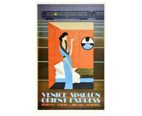 Original vintage railway travel advertising poster for the Venice Simplon Orient Express London Paris Milano Venezia featurin
