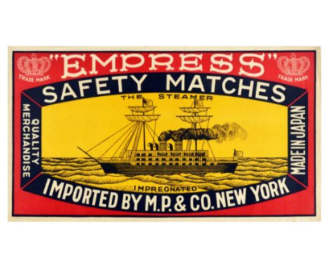 Original vintage advertising poster label for Empress safety matches featuring an illustration of The Steamer in yellow of a 