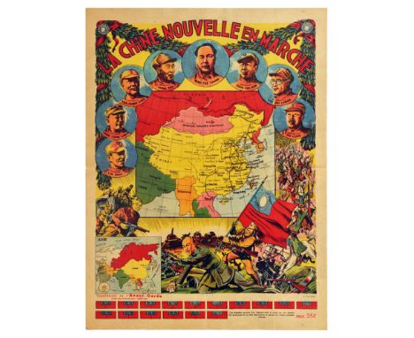 Original vintage propaganda poster featuring a map of China, titled La Chine Nouvelle en Marche - New China on the Move - iss