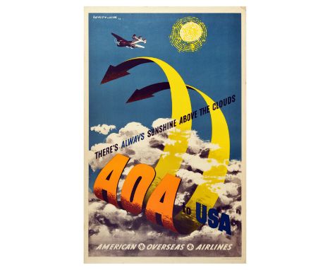 Original vintage advertising poster for American Overseas Airlines (AOA) flights to the USA featuring the slogan There’s Alwa
