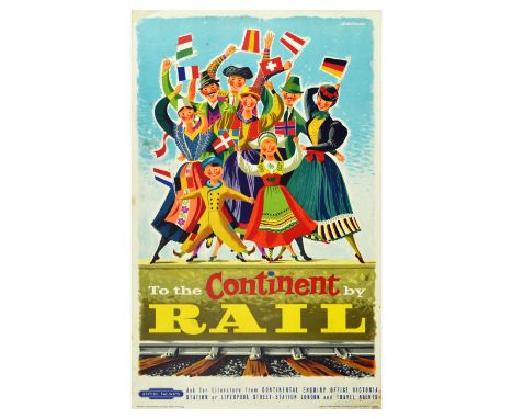 Original vintage travel poster issued by British Railways – To The Continent By Rail. The colourful design by Adelman shows a