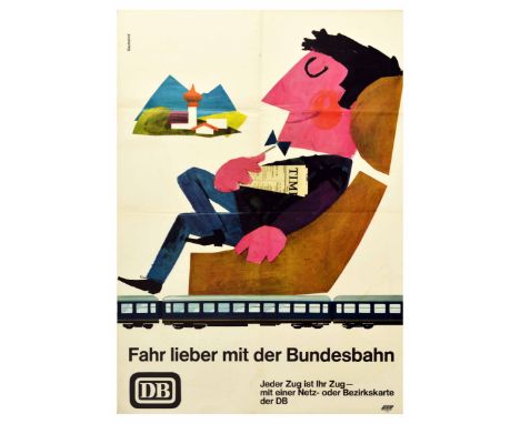 Original vintage travel poster issued by DB Deutsche Bundesbahn, featuring a colourful and fun illustration of a a man in a b