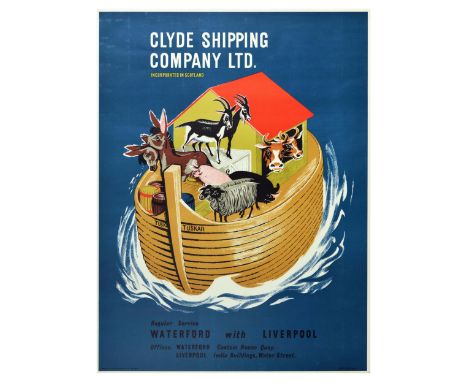 Original vintage advertising poster for Clyde Shipping Company LTD. featuring a creative illustration of Noah's arc named Tus