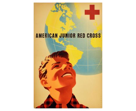 Original vintage advertising poster for the American Junior Red Cross with great artwork by Joseph Binder. The design shows a