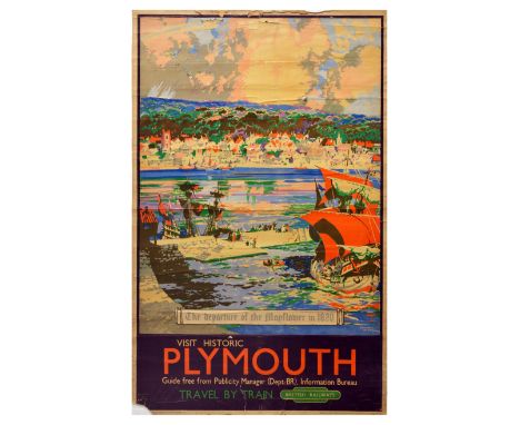 Original vintage travel poster titled Visit Historic Plymouth, issued by British Railways. The artwork by Gordon Nicoll depic