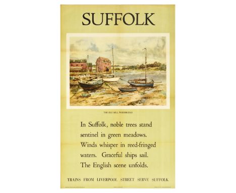 Original vintage travel poster promoting Suffolk issued by British Railways Eastern Region. The poster shows a painting capti