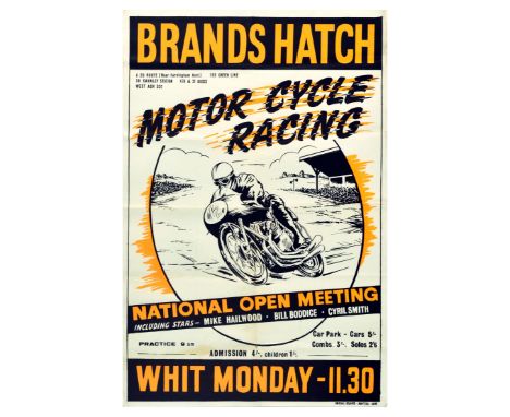 Original vintage Brands Hatch Motorcycle Racing poster for the National Open Meeting race on Whit Monday with star entries fr