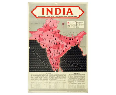 Original vintage travel poster featuring an illustrated map of India in pink shades showing boundaries of Provinces and chief