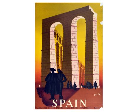 Original vintage travel poster inviting to visit Spain, featuring an illustration of dark silhouettes of people dressed in tr