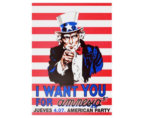 Original advertising poster for Amnesia nightclub in Ibiza, styled on James Montgomery Flagg’s iconic World War Two ‘I Want Y