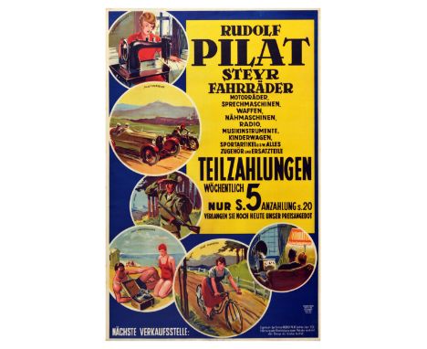 Original vintage advertising poster for Rudolf Pilat manufacturer, featuring an illustration of their products. Text reads: S