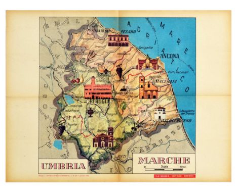 Original vintage poster featuring a map of the Umbria and Marche regions in central Italy. Bordered by Tuscany, Lazio and Mar