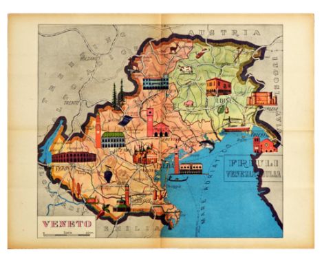 Original vintage poster featuring a map of Veneto and Friuli regions in northeast Italy. The map is illustrated with the land