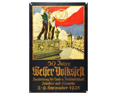Original vintage advertising poster for 50 Year Welser Volksfest folk festival held in Wels, Austria, with an Exhibition for 