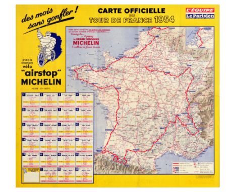 Original vintage official fold-out map of the 1954 Tour de France route, sponsored by Michelin. The map marks the route of th