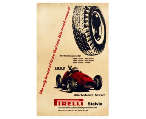 Original vintage advertising poster for Pirelli tires. The poster features an illustration of a large tire with Alberto Ascar