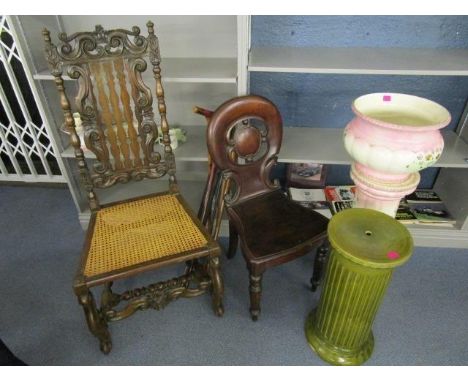 An Edwardian pottery jardiniere stand, a continental ceramic jardiniere and stand, a group of walking sticks, a Victorian mah