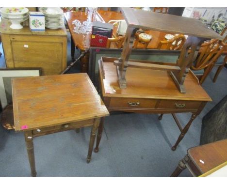 A pine side table, an oak occasional table a walnut two drawer side table and a fire screen 