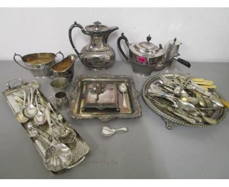 A selection of silver and silver plated table wares to include a Georgian silver caddy spoon 