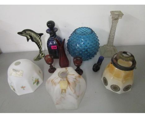 A quantity of glassware to include a blue art glass decanter and stopper, three glass lamp shades, circa 1930s, Whitefriars r