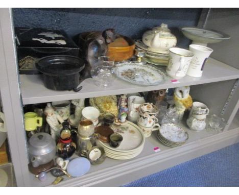 A mixed lot to include owl ornaments, glassware, a Japanese teaset, clown figures, a Melba teaset and other items 