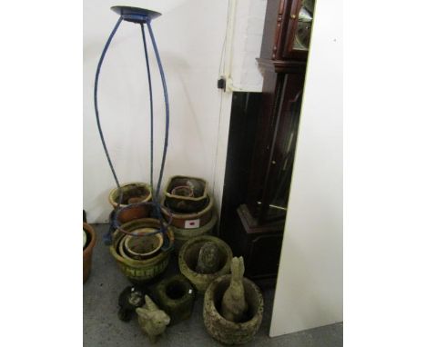 A selection of garden stoneware planters and garden ornaments, along with ceramic garden planters and a blue painted garden c