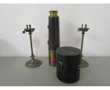 A Broadhurst Clarkson & Co Farringdon Road, London, three drawer brass and leather military issue telescope, two Flemings pat