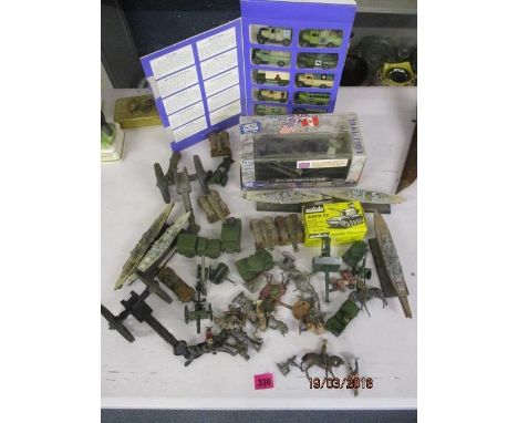 Diecast, plastic and metal military related models and figures to include Dinky, Solido, lead figures, Cannons and other item