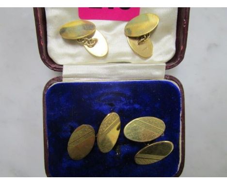 A pair of 9ct yellow gold cuff links and another pair of cuff links with engine turned decoration, unmarked, weight of marked