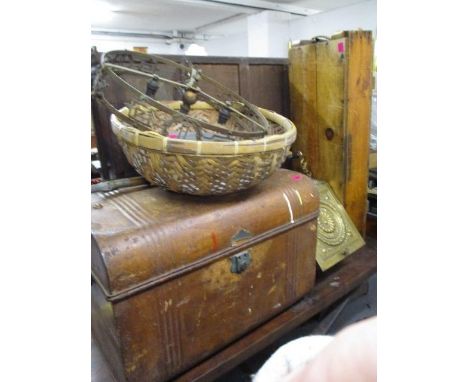 A mixed lot to include a tin trunk, a wicker bowl, an ammunition box, a coal scuttle, a brass chandelier, a pair of candlesti