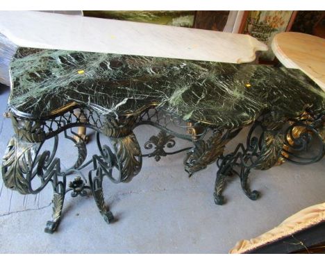 A contemporary painted and gilt wrought iron console table with green variegated marble top, 33 1/2" h, 59"l, 19 1/2" d 