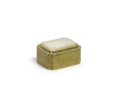 A small jade-mounted brass boxLate Qing/Republic periodThe box of rectangular shape with cusped corners and the walls  chased