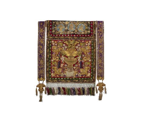 A painted and embroidered hangingLate Qing dynastyWith a red silk ground featuring satin stitch embroidered flowers and couch