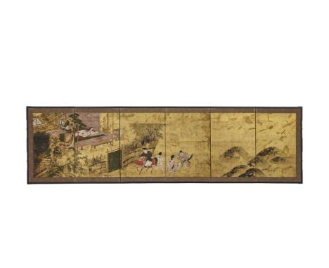 Anonymous (19th century)Narrative SceneSmall six-panel folding screen, ink, color and gold on paper; depicting a courtier on 